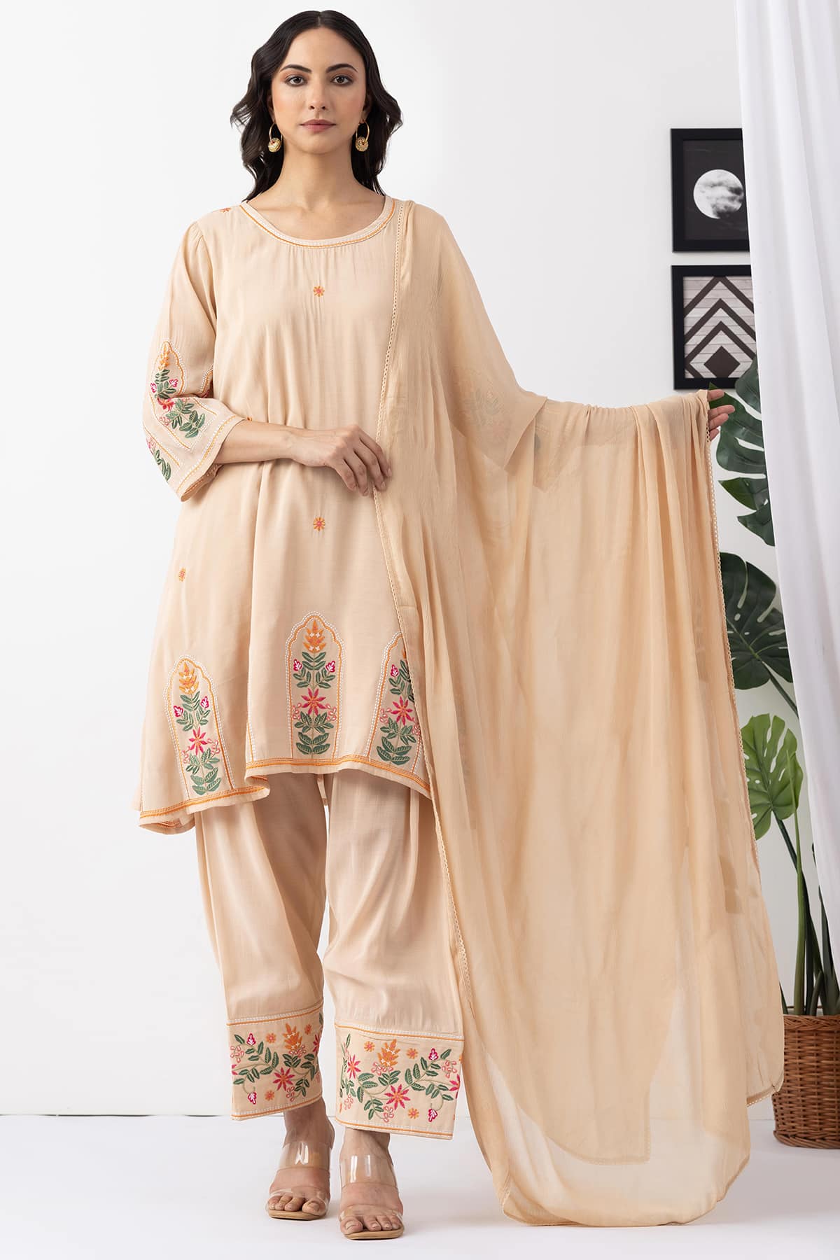 beige kurta for women embroidered chanderi viscose round neck 3/4 sleeves