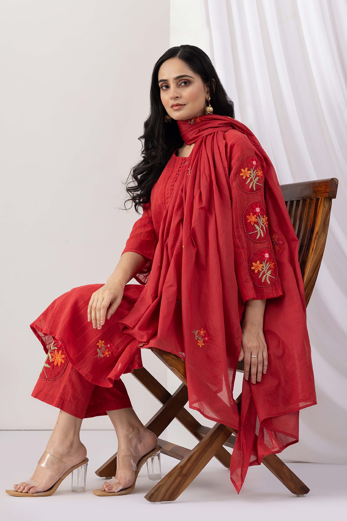 Salmon Red Muslin Dobby Embroidered Dupatta - Image 2