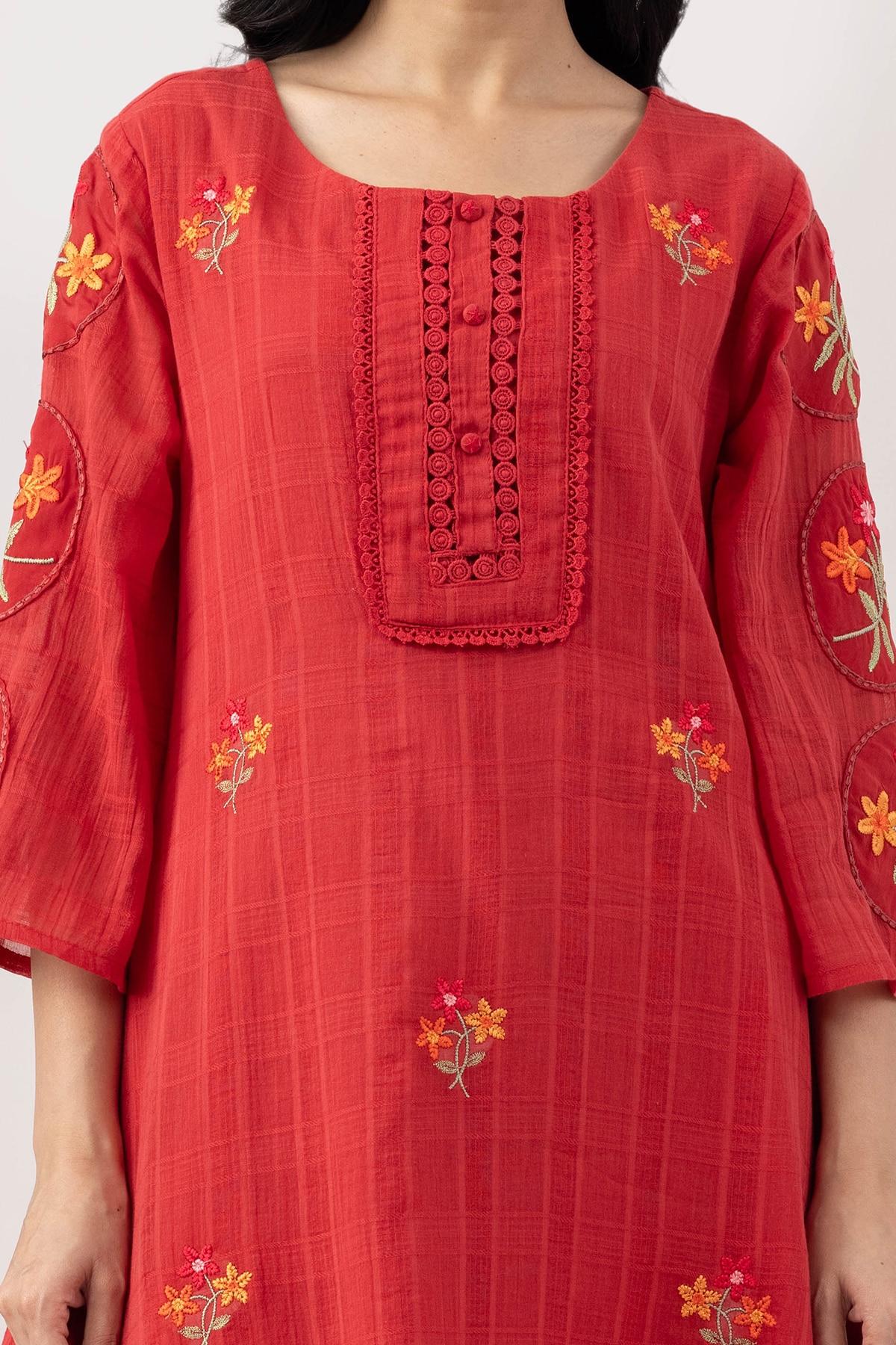 embroidered kurta for women salmon red mulmul cotton dobby round neck