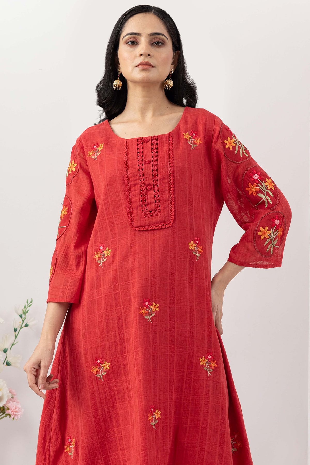 embroidered kurta for women salmon red mulmul cotton dobby round neck