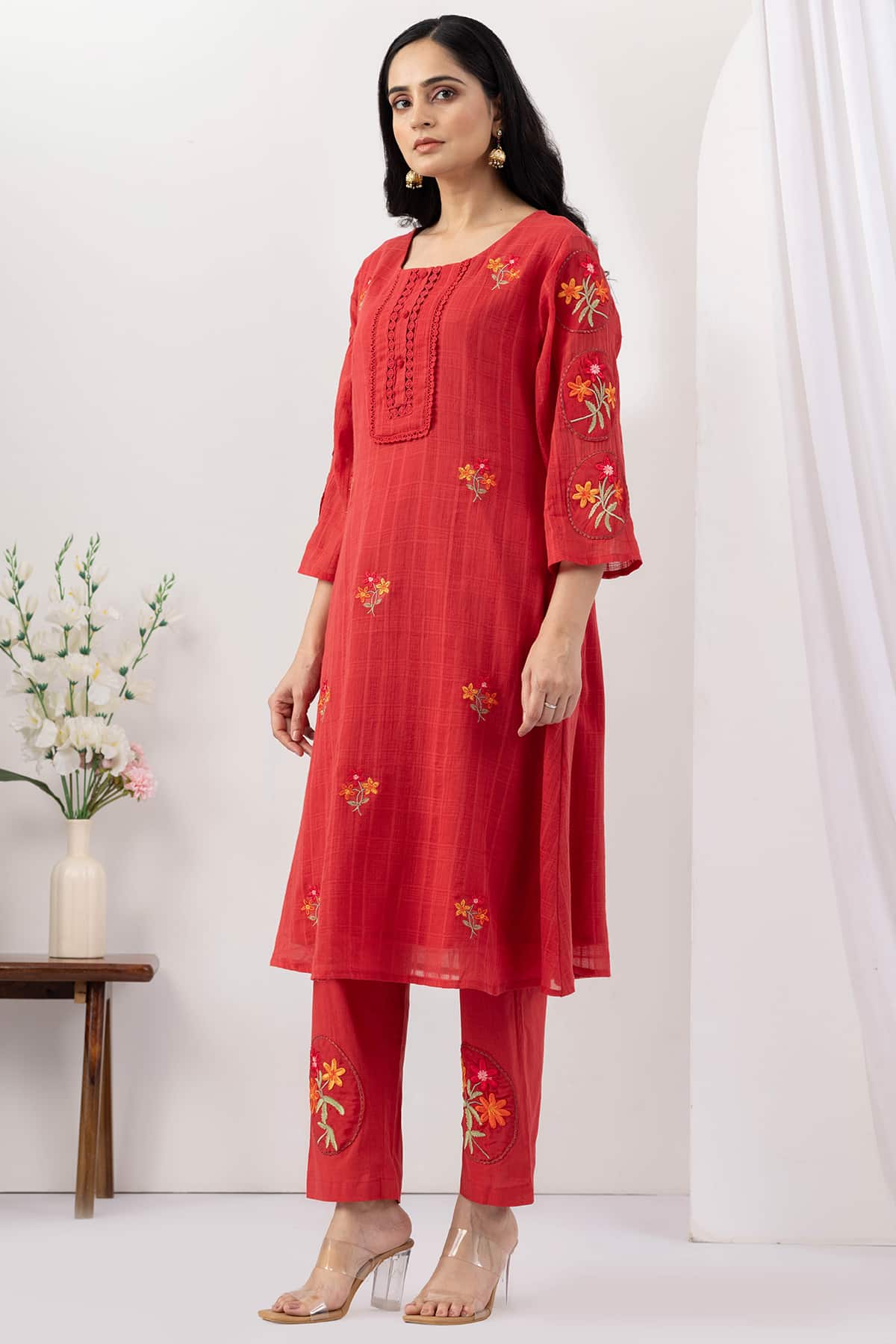 embroidered kurta for women salmon red mulmul cotton dobby round neck