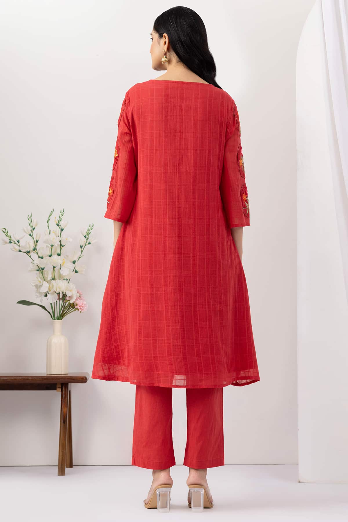 embroidered kurta for women salmon red mulmul cotton dobby round neck