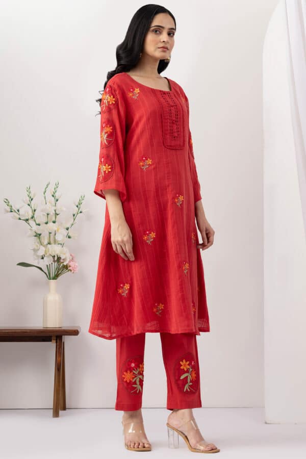 embroidered kurta for women salmon red mulmul cotton dobby round neck