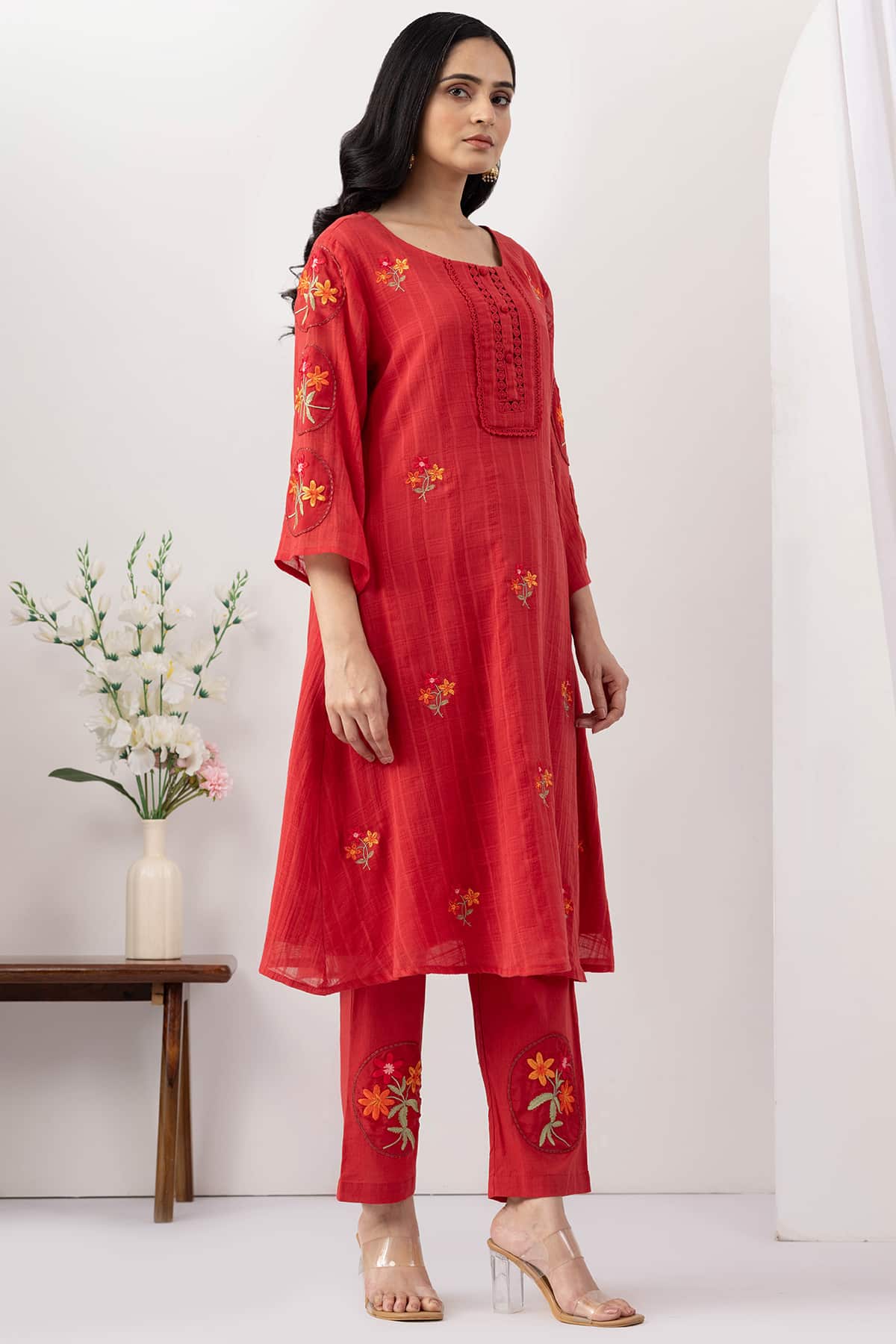 embroidered kurta for women salmon red mulmul cotton dobby round neck