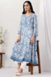 blue kurti for women printed viscose slub v neck 3/4 sleeves