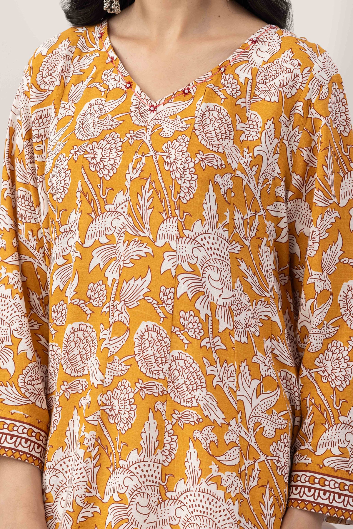 v neck kurti for women mustard printed viscose slub 3/4 sleeves