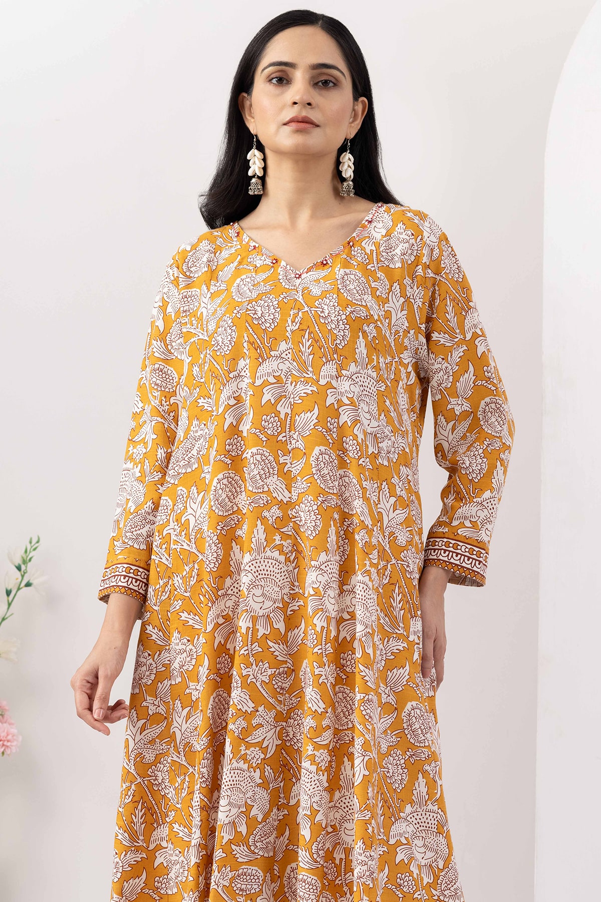 v neck kurti for women mustard printed viscose slub 3/4 sleeves
