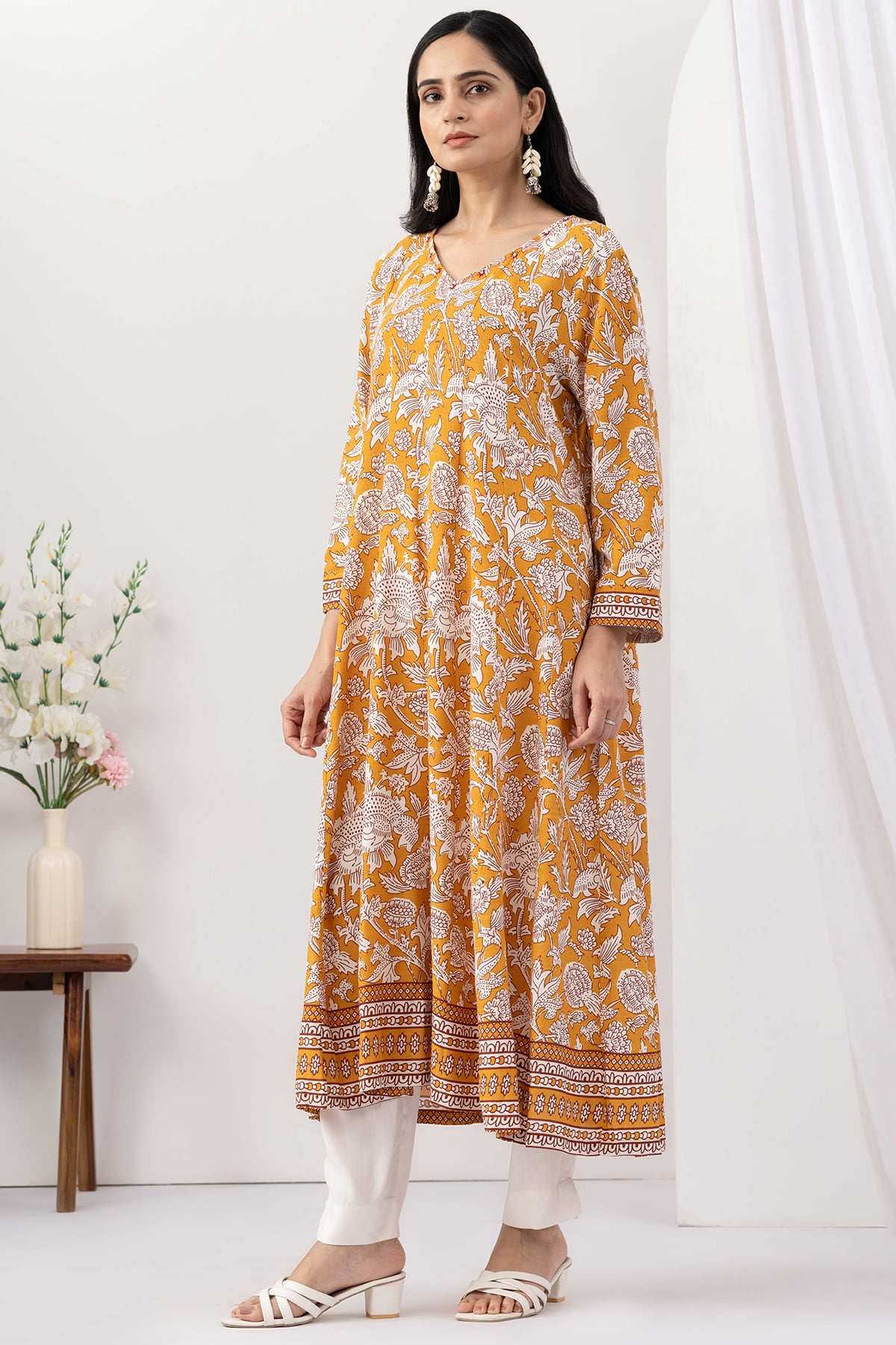 v neck kurti for women mustard printed viscose slub 3/4 sleeves