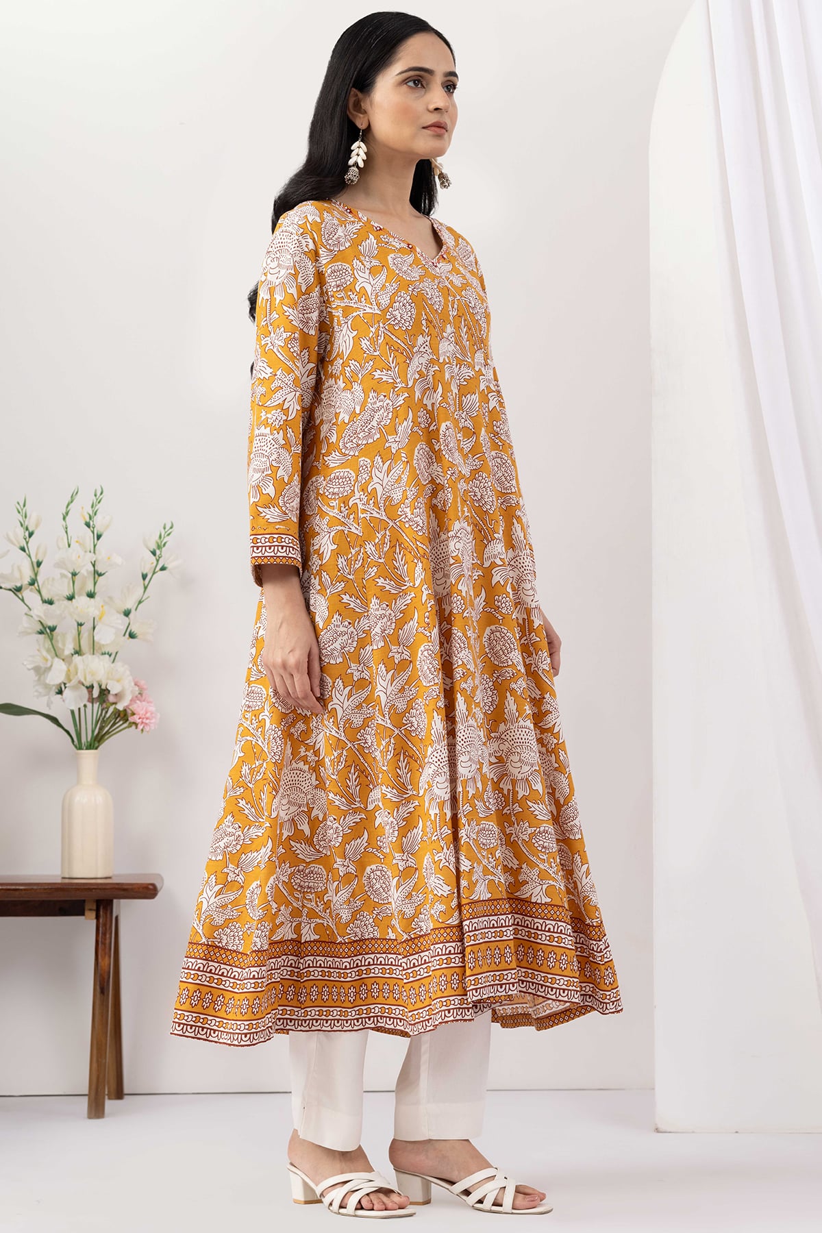 v neck kurti for women mustard printed viscose slub 3/4 sleeves
