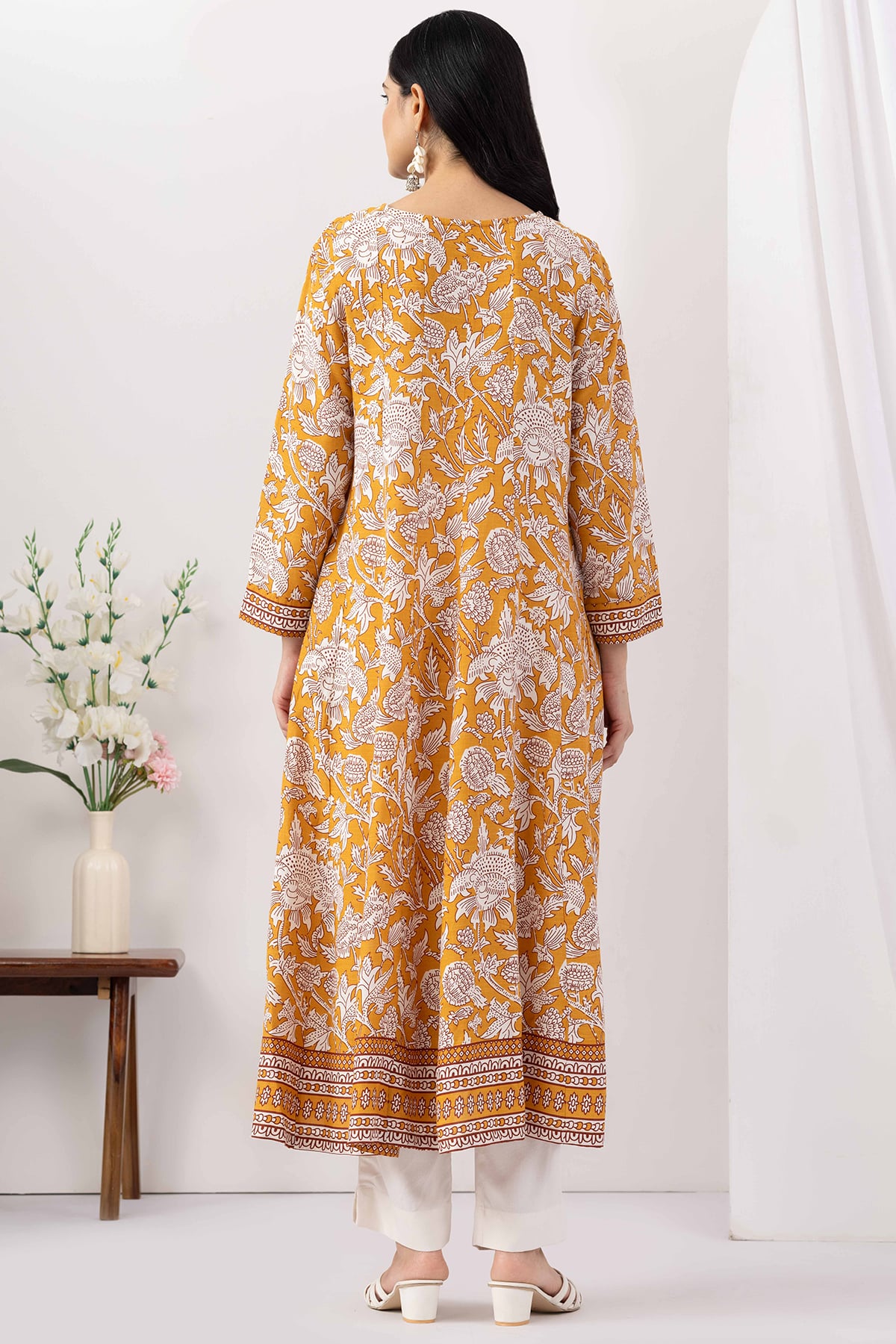 v neck kurti for women mustard printed viscose slub 3/4 sleeves