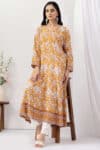 v neck kurti for women mustard printed viscose slub 3/4 sleeves
