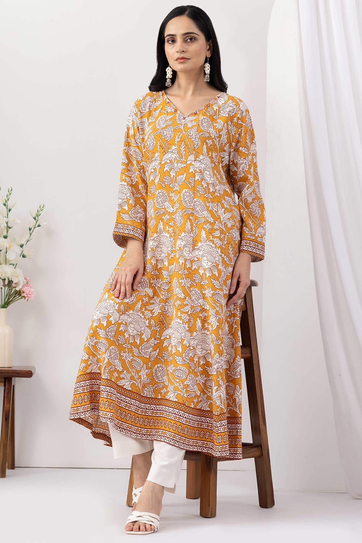 v neck kurti for women mustard printed viscose slub 3/4 sleeves